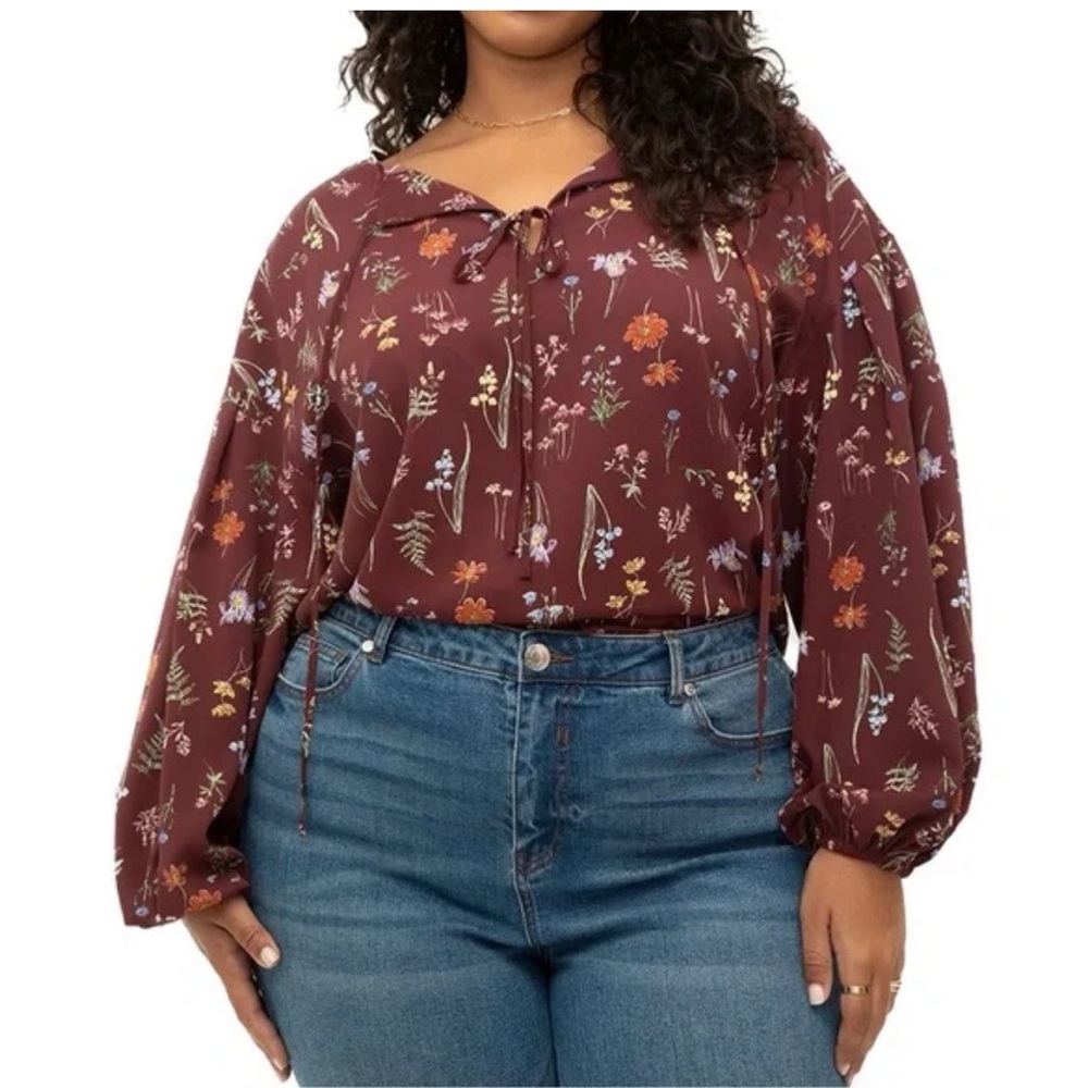 Eloquii Elements Floral Long Sleeve Tie Top Size 14